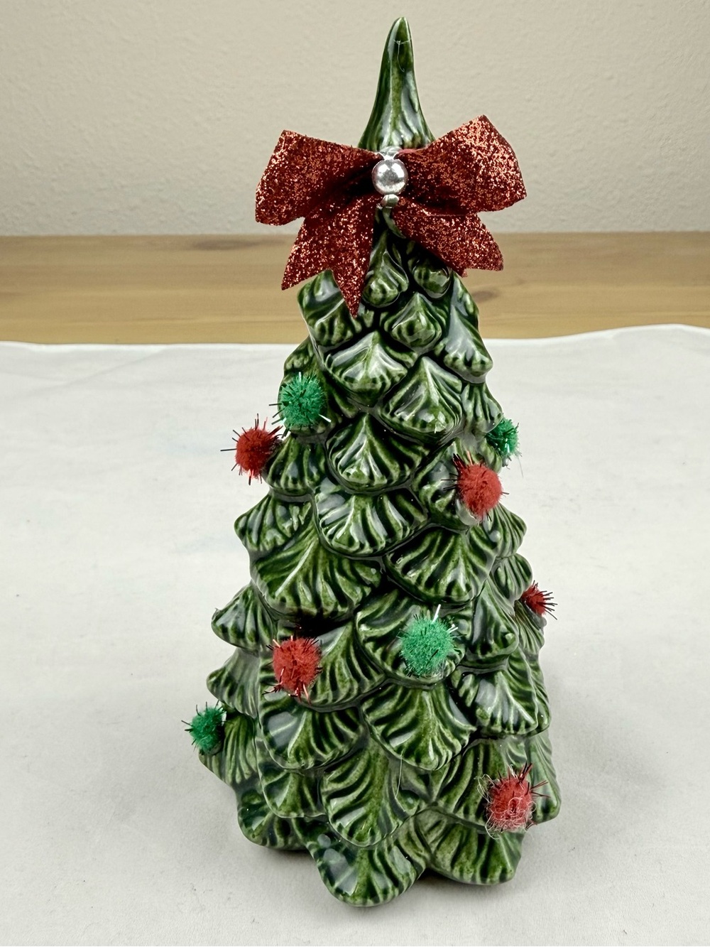Vintage 7” Green Ceramic Glazed Christmas Tree with Pom-Poms Red Glitter Bow